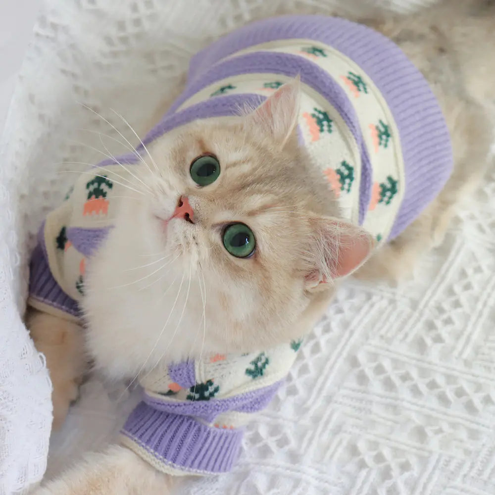 Retro Purple Flower Sweater for Cats