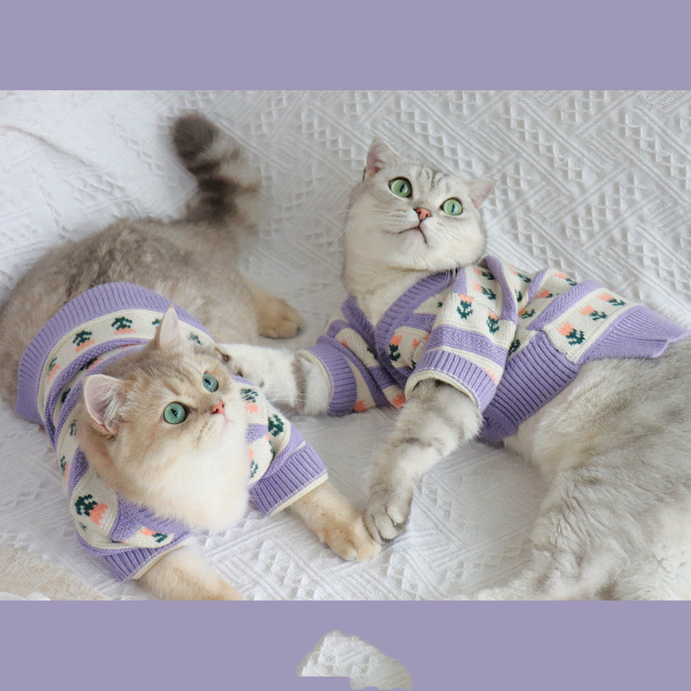Retro Purple Flower Sweater for Cats
