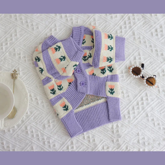 Retro Purple Flower Sweater for Cats