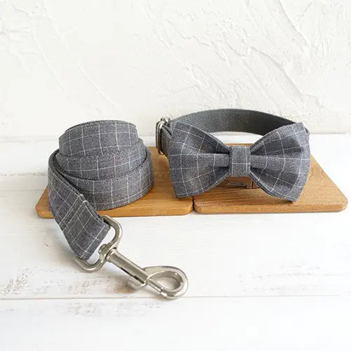 Gray Plaid Bow Dog Collar and Leash Set